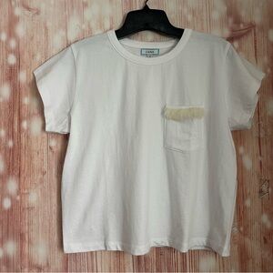Liana White Rabbit Fur Pocket Crewneck Cropped T Shirt NWOT Size M